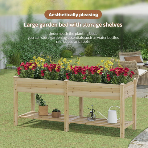 Big Ol Raised Garden Bed With Legs Wooden Planter Stand For Vegetables And Flowers, Large Planter Box With Divider, Liner Bag And Drainage Holes, Plus Bottom Storage Rack For Tools, 72 Inch Wide By 24 Inch Deep By 30.5 Inch Tall, showcasing colorful flowers on grass.