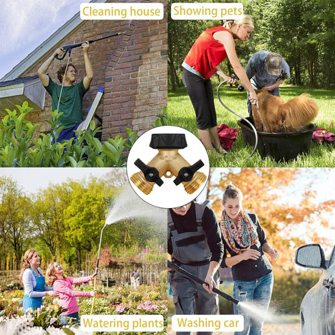 Heavy Duty Brass 2 Way Garden Hose Splitter With 2 Valves And Extra O Rings, Y Splitter Tap Connector For Dual Outlets, Corrosion Resistant, No Fuss Setup For Simultaneous Watering In Multiple Spots, brass hose splitter shown for garden, pet wash, and car cleaning