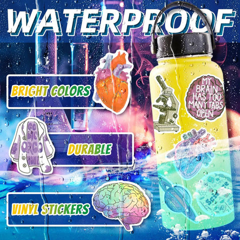 100 Piece Science Stickers for Water Bottles Featuring Physics Biology Chemistry Math Themes with vibrant vinyl on a bottle