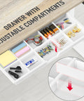 Drawer detail of Electric Height Adjustable Standing Desk With Drawer And Memory Preset, Maple Finish, organized compartments
