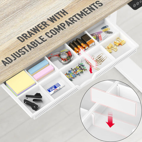 Drawer detail of Electric Height Adjustable Standing Desk With Drawer And Memory Preset, Maple Finish, organized compartments