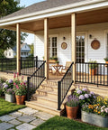 Heavy Duty Aluminum Deck Railing Kit With Adjustable Brackets For Stairs Or Flat Decks Comes Loaded With All Hardware For No Sweat Setup And Badass Outdoor Safety Guardrails on porch with flowers.