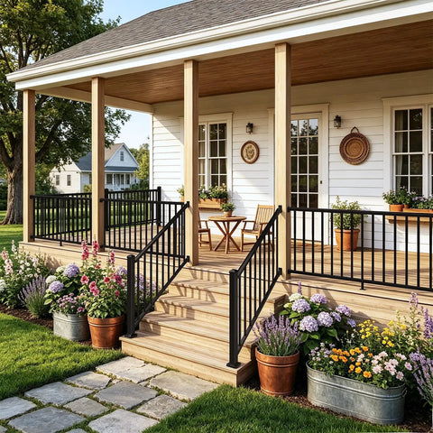 Heavy Duty Aluminum Deck Railing Kit With Adjustable Brackets For Stairs Or Flat Decks Comes Loaded With All Hardware For No Sweat Setup And Badass Outdoor Safety Guardrails on porch with flowers.