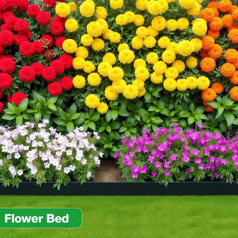 Colorful flower bed edged with Garden Edging Border For Yard And Flower Beds, 100 Ft Long, Two Inch Tall Flexible Plastic Landscape Edging With 150 Stakes, Easy Install Tool Free Lawn Border For Lawn, Garden, And Landscaping