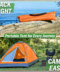 Two Person Pop Up Camping Tent With Rain Fly And Carry Bag, Ultra Lightweight Outdoor Shelter shown packed and set up on grass.