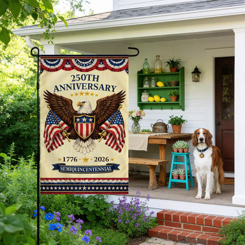 250th Anniversary Fourth Of July Garden Flag With Bald Eagle And American Flags Banner For Yard Porch Patio Lawn Outdoor Decor 1776 2026 Patriotic USA Gear displayed on porch next to a dog
