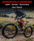 Cyclist on a trail with anti puncture tire insert for 20 by 4 inch fat bike tires, supercritical engineering highlighted