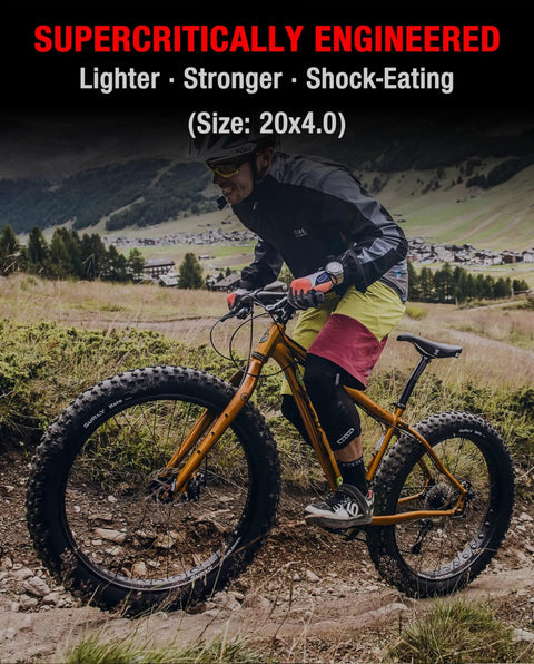Cyclist on a trail with anti puncture tire insert for 20 by 4 inch fat bike tires, supercritical engineering highlighted