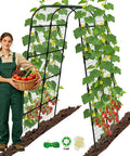 Woman with harvest basket beside 7 Ft Adjustable Garden Arch Trellis For Climbing Plants, Heavy Duty Rustproof Stainless Steel Cucumber Support For Raised Beds, Tall Metal Plant Support For Tomatoes, Squash, Beans And Flowers, U Shape Design For Ultra Stability covered with plants