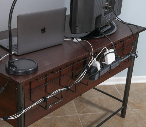 Cord Wire Tray Desk Cable Organizer 32 Inch Open Slot Raceway To Tidy Cables Wires And Cords On Desks Office Cable Management Kit Pack Of 2 Black for home use under a wooden desk organizing cables from a computer setup.