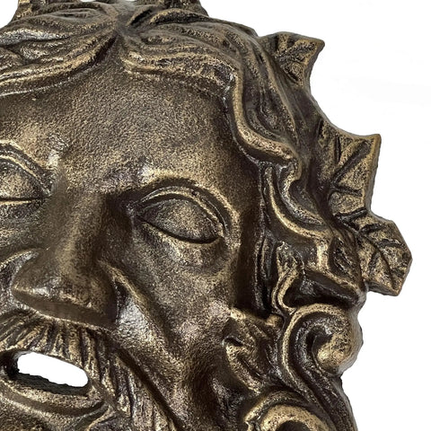 Top Tier Green Man Wall Decor, Slick 9.75 Inch Heavy Duty Cast Iron Plaque, Solid Bronze Finish close-up of detailed face design.