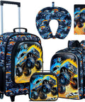 5-piece kids luggage set with monster-truck print: 18in rolling suitcase, backpack, lunchbox, pencil case, neck pillow