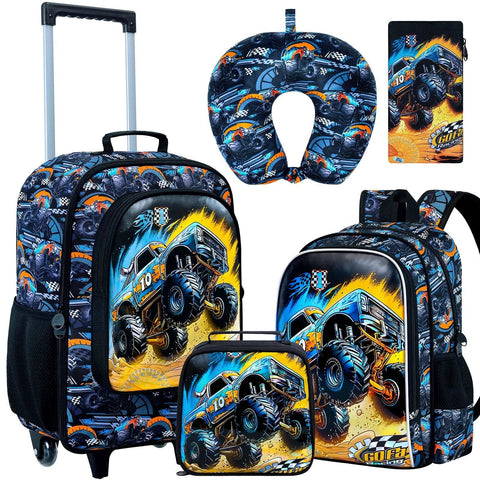 5-piece kids luggage set with monster-truck print: 18in rolling suitcase, backpack, lunchbox, pencil case, neck pillow