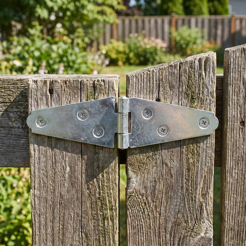 Close-up of a silver T strap hinge attached to weathered wooden gates, showcasing the Set Of 6 Heavy Duty 4 Inch Silver T Strap Hinges For Barn Gates And Exterior Doors Premium Steel Build With Mounting Screws.