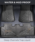 Straight Up Hella Durable Floor Mats For Tesla Model Y Custom snug fit TPE liners with deep channels for water and mud protection.