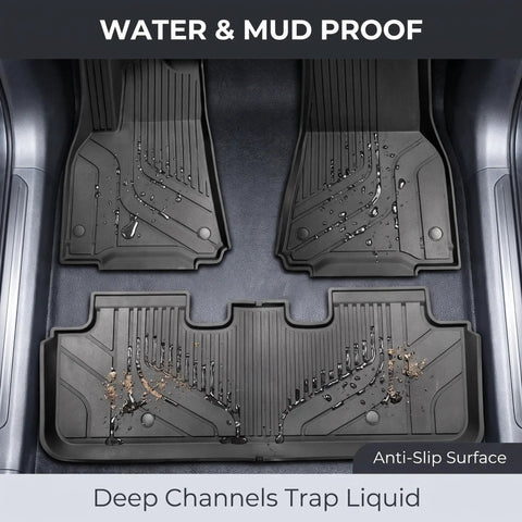 Straight Up Hella Durable Floor Mats For Tesla Model Y Custom snug fit TPE liners with deep channels for water and mud protection.
