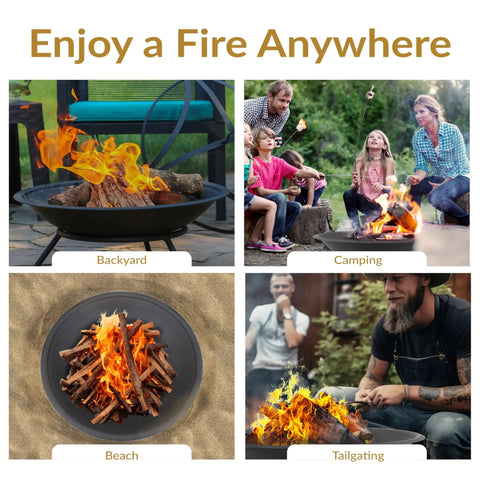 Collage showing Round 23 Inch Wood Burning Fire Pit Insert For Outdoor Use Replacement Bowl For DIY Ring Or Existing Stand Portable