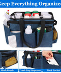 Heavy Duty Hot Tub Chemical Storage Bag With Pockets And Handle Pool Cleaning Caddy Tool Organizer Tote Water Resistant 900D Nylon Carryall in blue, filled with bottles and tools.