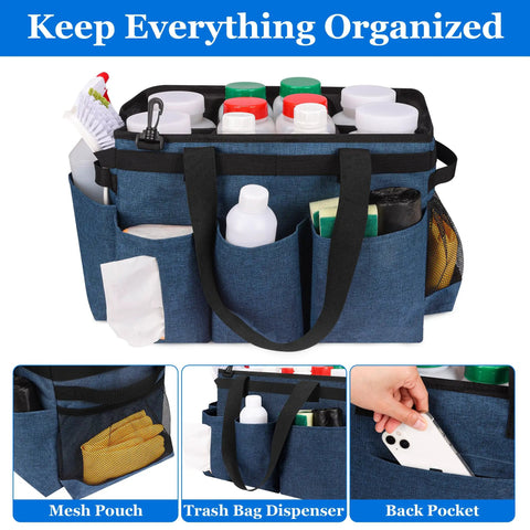 Heavy Duty Hot Tub Chemical Storage Bag With Pockets And Handle Pool Cleaning Caddy Tool Organizer Tote Water Resistant 900D Nylon Carryall in blue, filled with bottles and tools.