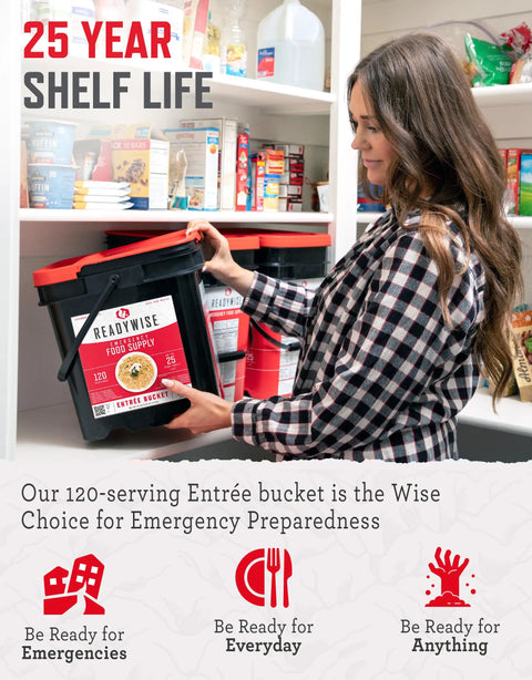 Person placing Grab And Go Emergency Food Supply Bucket With 120 Servings Of Freeze Dried Meals on pantry shelf. 25-year shelf life