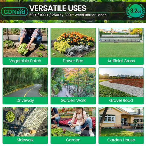 Heavy Duty Weed Barrier Landscape Fabric versatile uses including vegetable patch, flower bed, and garden walk.