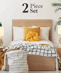 Reclaimed Wood Modern Rustic Table Lamps Set Of 2 beside bed with yellow pillows and checkered blanket, natural home vibe