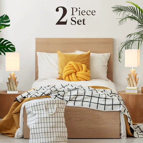 Reclaimed Wood Modern Rustic Table Lamps Set Of 2 beside bed with yellow pillows and checkered blanket, natural home vibe