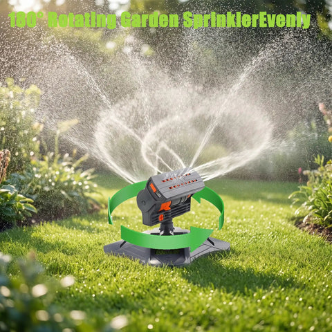 Upgraded 16 Nozzle Oscillating Sprinkler With Dual Zone Water Timer spraying water on a garden lawn
