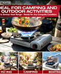 12,000 BTU Portable Butane Stove for Camping with electronic ignition, wind guard, and adjustable flame, shown outdoors cooking stir fry