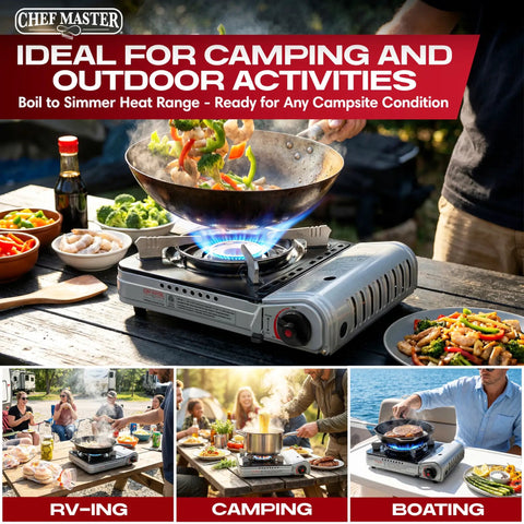 12,000 BTU Portable Butane Stove for Camping with electronic ignition, wind guard, and adjustable flame, shown outdoors cooking stir fry