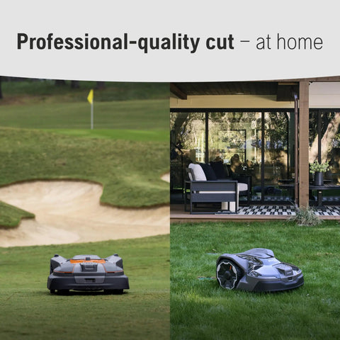 Automower 420iQ Robotic Lawn Mower mowing a lawn near a golf bunker and patio, showcasing professional-quality cut for 1-acre lawns
