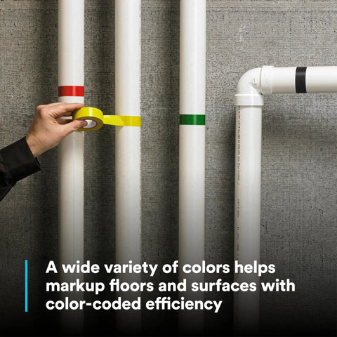 Hand applying Vinyl Tape 764 General Purpose White 3 Inch By 36 Yard Roll for color coding on pipes against concrete wall