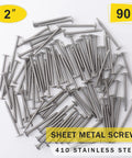 Heavy Duty Self Tapping Screws 410 Stainless Steel 8 X 2 Inch For Metal And Wood 90 Piece Pack arranged on a surface.