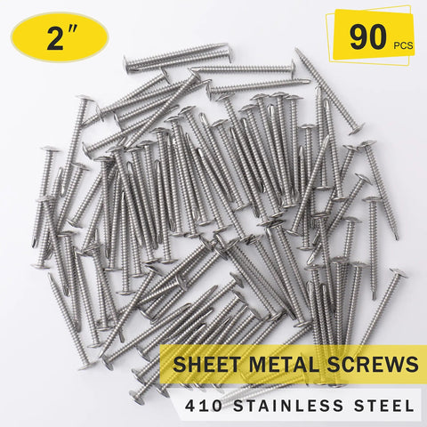 Heavy Duty Self Tapping Screws 410 Stainless Steel 8 X 2 Inch For Metal And Wood 90 Piece Pack arranged on a surface.