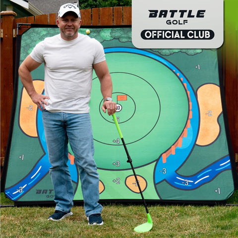 Man demonstrates telescopic golf club for kids and adults adjustable from 46 to 83 cm with oversized head, backyard practice.