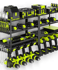 33 Inch Heavy Duty Power Tool Organizer Wall Mount Built To Last Holds 400 Lbs With Eight Drill Racks And Four Tier Cordless Battery Storage Shelf For Garage Workshop Shed Perfect Gift For Men, loaded with tools.