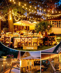 Outdoor event decorated with 58 Foot Solar String Lights Outdoor With Remote Control, 26 LED Shatterproof Bulbs hanging above tables.