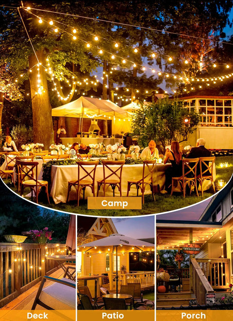 Outdoor event decorated with 58 Foot Solar String Lights Outdoor With Remote Control, 26 LED Shatterproof Bulbs hanging above tables.