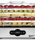 Compact 5 Tray Food Dehydrator with Digital 48 Hour Timer, Adjustable Temperature, Stainless Steel Racks, loaded with fruit