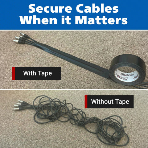 Gaffer Power black gaffer tape, 2 in x 30 yd, applied to a cable bundle (top) vs loose cables (bottom).