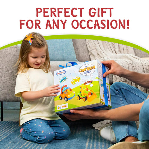 Child receiving Two Pack Remote Control Cars For Toddlers, Truck And Tractor RC Toys gift box, perfect for ages 3-5