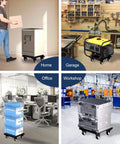 Heavy Duty Metal Air Compressor Cart With Dual Locking Caster Wheels Holds Eight Hundred Pounds in various settings.