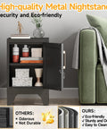 Beefy Steel Nightstand With A Tight Locking Door And Adjustable Shelf Slick Black Metal Bedside Cabinet For Bedroom Home Office Keeping Your Stuff Secure, with open door and storage items.
