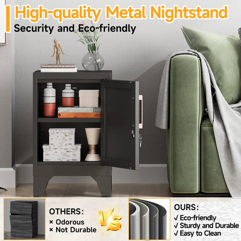 Beefy Steel Nightstand With A Tight Locking Door And Adjustable Shelf Slick Black Metal Bedside Cabinet For Bedroom Home Office Keeping Your Stuff Secure, with open door and storage items.
