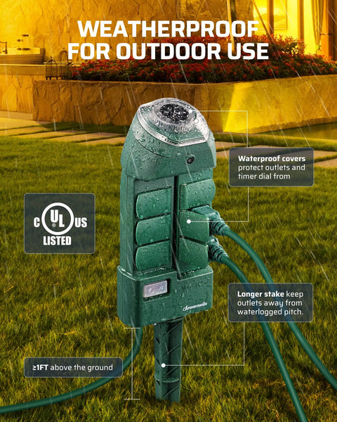 Dope Outdoor Power Strip Timer With Photocell in yard, 6 weatherproof outlets, UL listed, dusk-to-dawn control, 10ft cord