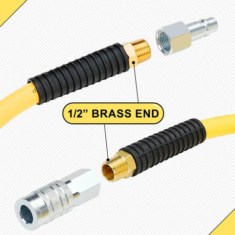 Close-up of the High Flow Half Inch By Six Foot Hybrid Air Compressor Hose Delivering Three Hundred Psi with 1/2" brass end fittings.