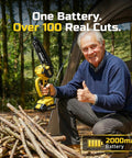 Senior using 6-Inch Cordless Mini Chainsaw 21V 2.0Ah Battery Powered Pruning Saw for tree trimming next to a pile of cut branches.