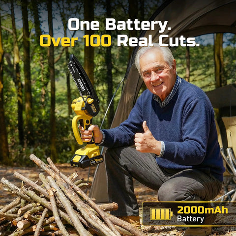Senior using 6-Inch Cordless Mini Chainsaw 21V 2.0Ah Battery Powered Pruning Saw for tree trimming next to a pile of cut branches.