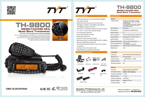 Product manual for Quad Band Car Ham Radio Transceiver with 50W Power showing specifications and accessories