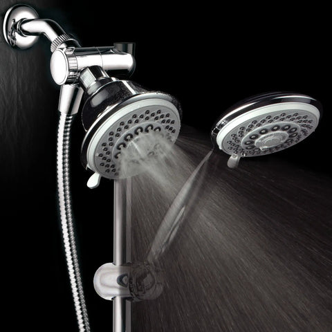Instant Mount Drill Free Shower Combo With Height And Angle Adjustable 3 Way SpiralFlo Head And Handheld Shower Slide Bar Included 36 Spray Patterns Dual Shower Heads For Easy Spa Upgrade against a black background